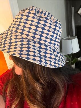 Erin Flett Reversible Bucket Hat Blue Geometric Cotton Canvas Maine Art Coastal